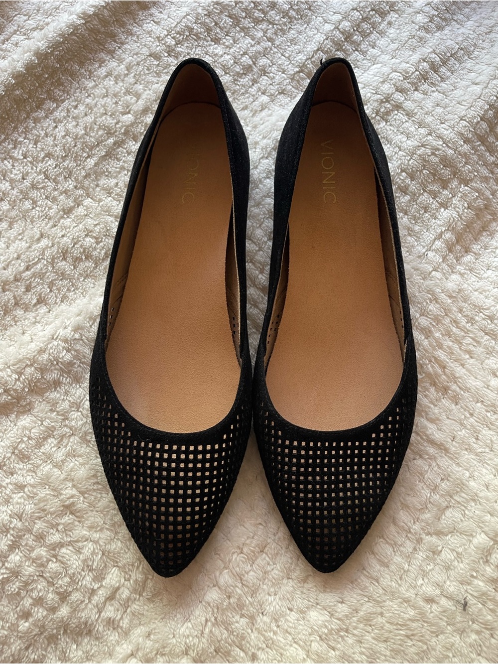 Vionic Black Perforated Pointed-Toe Flats - Breathable Suede Look